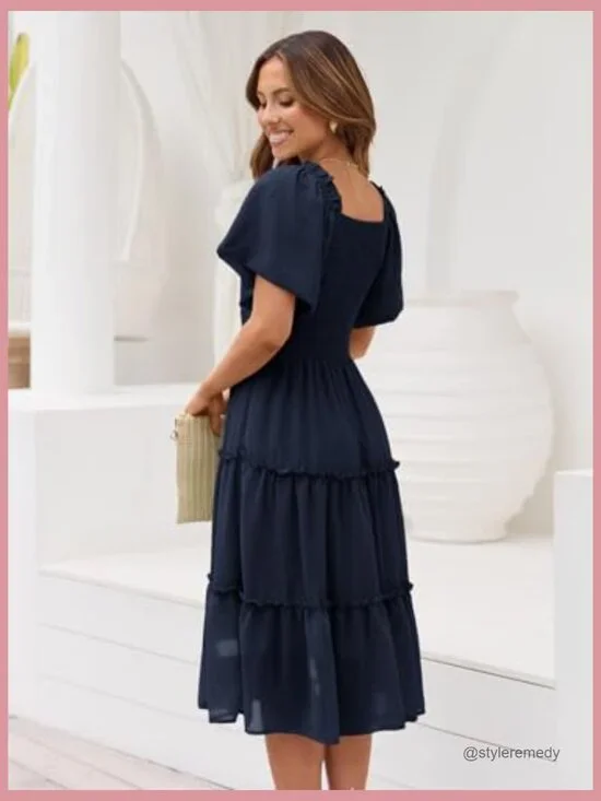 Flutter Sleeve Square Neck Smocked Midi Dress - Picture 4 of 6